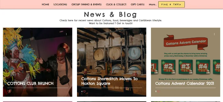Best Wix Blog Examples - Cottons Restaurant is a great example of a Wix carribean restaurant blog website