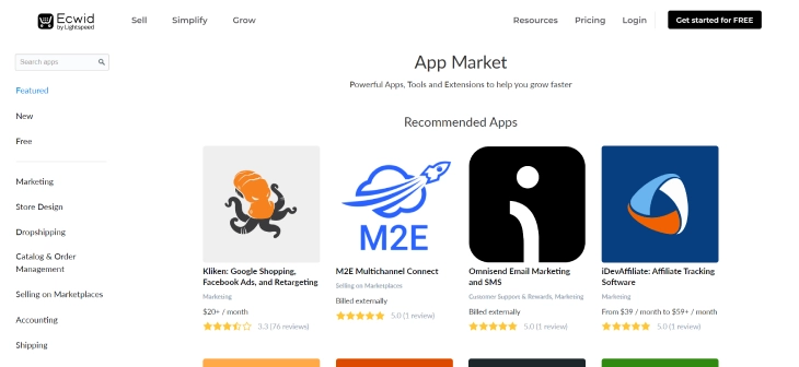 Wix Vs. Ecwid - Ecwid has an App Market designed to work smoothly with other platforms