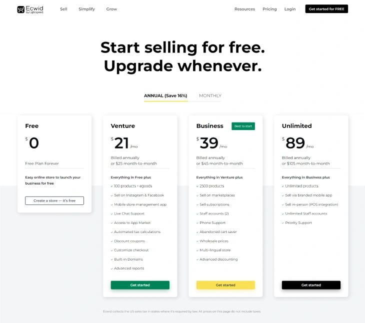 Wix Vs. Ecwid - Ecwid's pricing plans each with their features that suit your needs