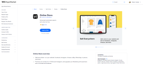 What is a Wix App - Ecwid online store app shown in the Wix App Market