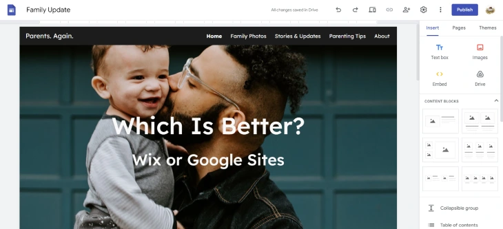 Wix Vs. Google Sites - Google Sites editor is more limited in design options but is still a simple and easy to use interface
