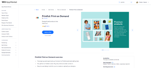 What is a Wix App - Printful print on demand app shown in the Wix App Market