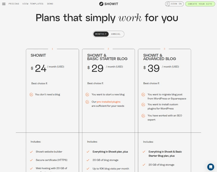Wix Vs. Showit - Showit's pricing plans each with their features that suit your needs