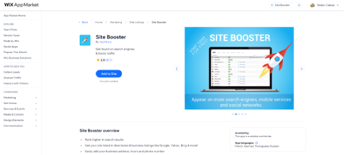 What is a Wix App - Site Booster app shown in the Wix App Market