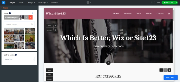Wix Vs. Site123 - Site123's drag-and-drop editor that's easier to learn but limited in terms of flexibility 