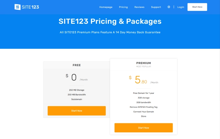 Wix Vs. Site123 - Site123's pricing plans and packages that suits your needs