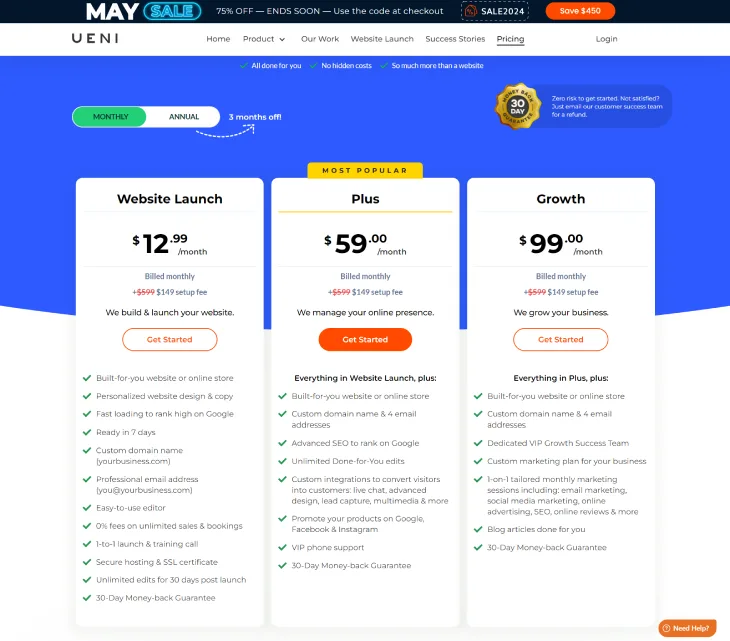 Wix Vs. UENI - UENI's pricing plans each with their features that suit your needs