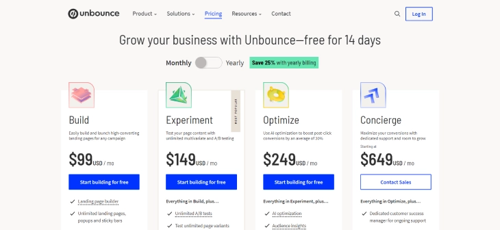 Wix Vs. Unbounce - Unbounce's pricing plans each with their features that suit your needs