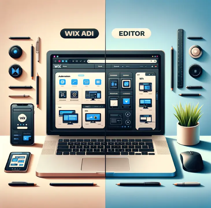 Wix Adi Vs Wix Editor - laptop with two tabs showing Wix ADI and Wix Editor