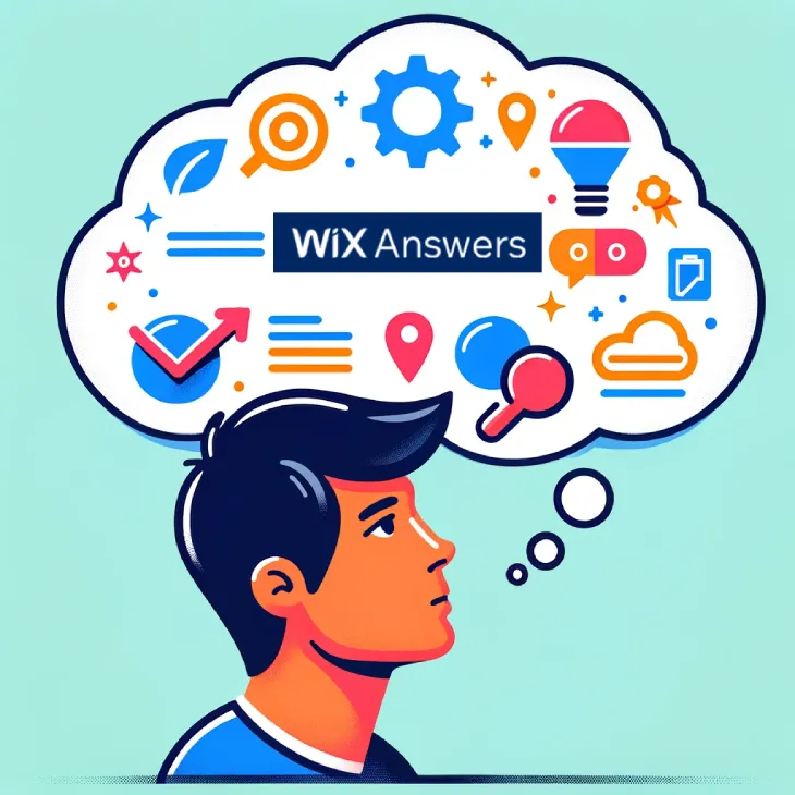 Wix Answers - A man thinking with a thought bubble, thinking about what Wix Answers is