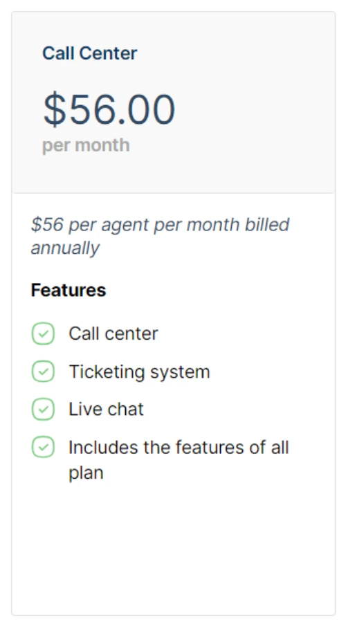 Wix Answers Review - the second pricing plan called Call Center Plan, along with the price and key features