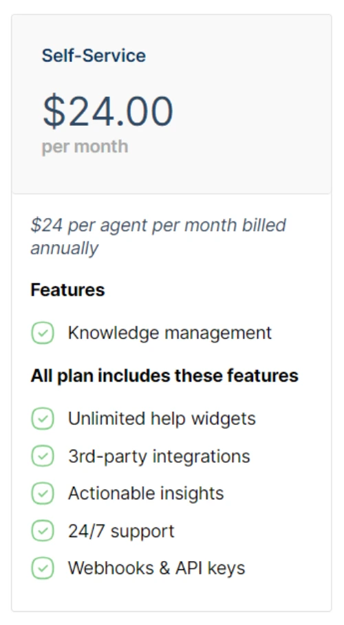 Wix Answers Review - the first pricing plan called Self-Service Plan, along with the price and key features