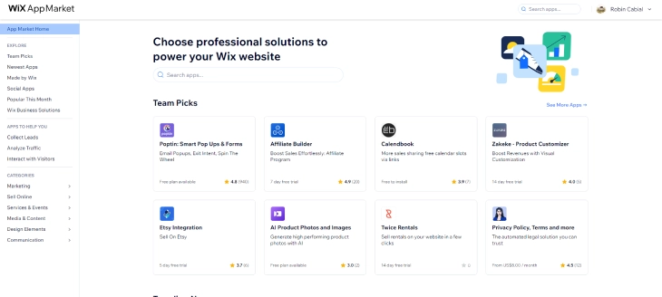 What is a Wix App - Wix App Market showing the different Wix apps that helps user to work effectively