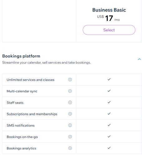 Wix Bookings Review - the first business plan titled Business Basic, along with the price and key features