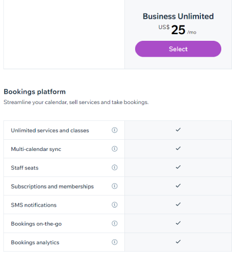 Wix Bookings Review - the second business plan titled Business Unlimited, along with the price and key features