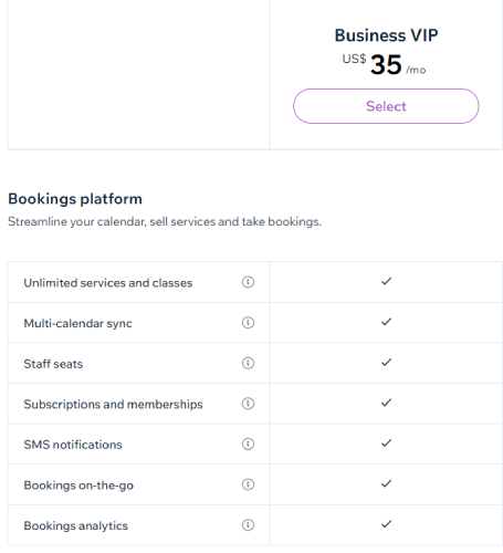 Wix Bookings Review - the third business plan titled Business VIP, along with the price and key features