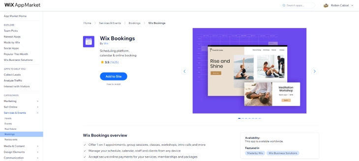 What is a Wix App - Wix Bookings app shown in the Wix App Market