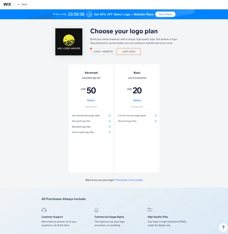 Guide for Wix Logo Maker - Wix Logo Maker's pricing plan for logo, including the price and each plan features