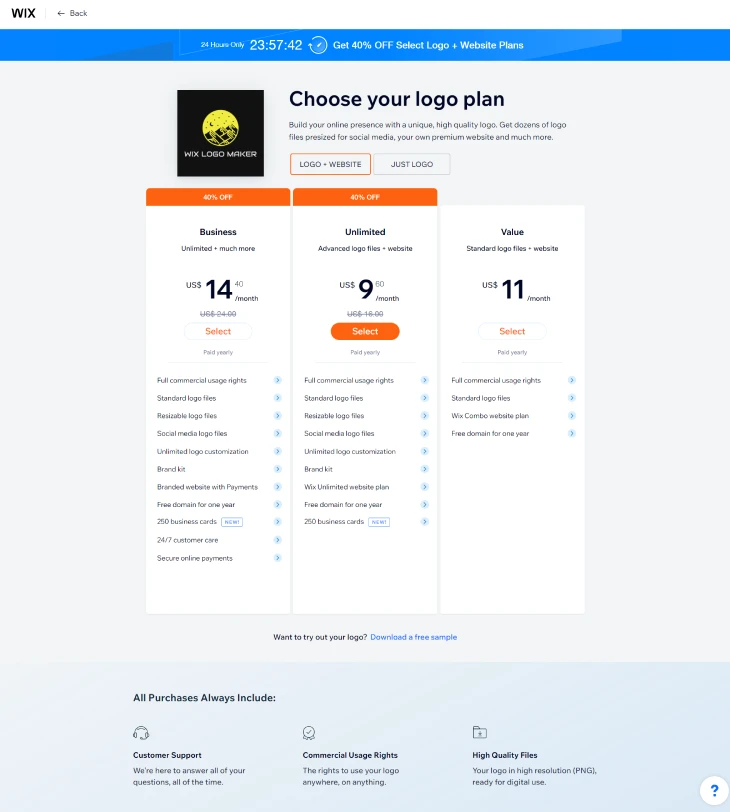 Guide for Wix Logo Maker - Wix Logo Maker's pricing plan for logo and website, including the price and each plan features