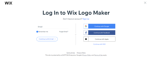 Guide for Wix Logo Maker - logging into Wix either by email or different social media platforms such as Facebook, Google or as a guest