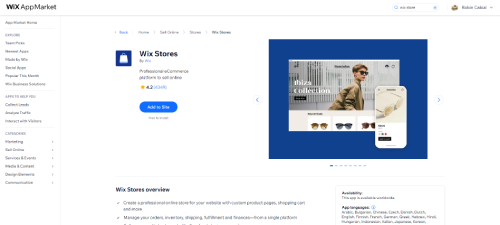 What is a Wix App - Wix Stores app shown in the Wix App Market