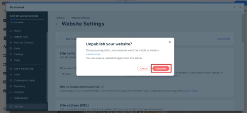 How To Unpublish A Wix Site - A pop-up window appears, asking you if you're really sure about unpublishing your site